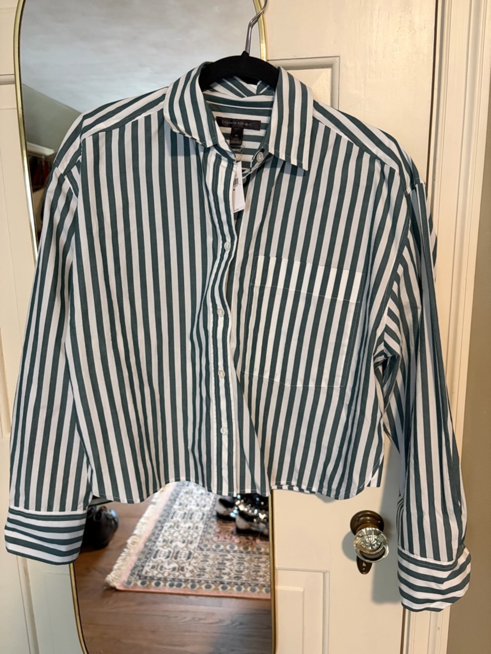 Banana Republic the boxy cropped button down shirt in green stripe NWT - Picture 3 of 8